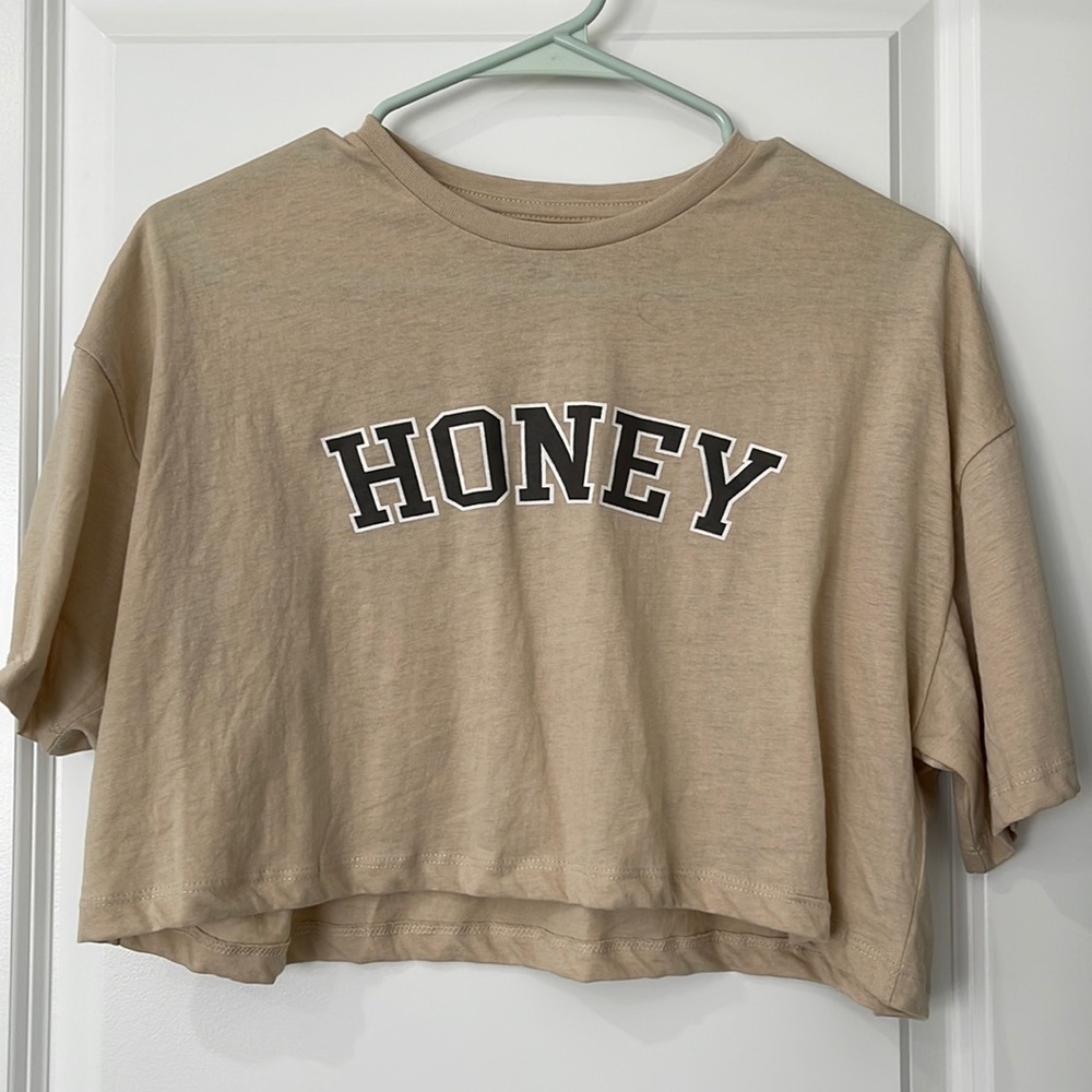 women’s cropped top with HONEY writing in size medium (cream color)
